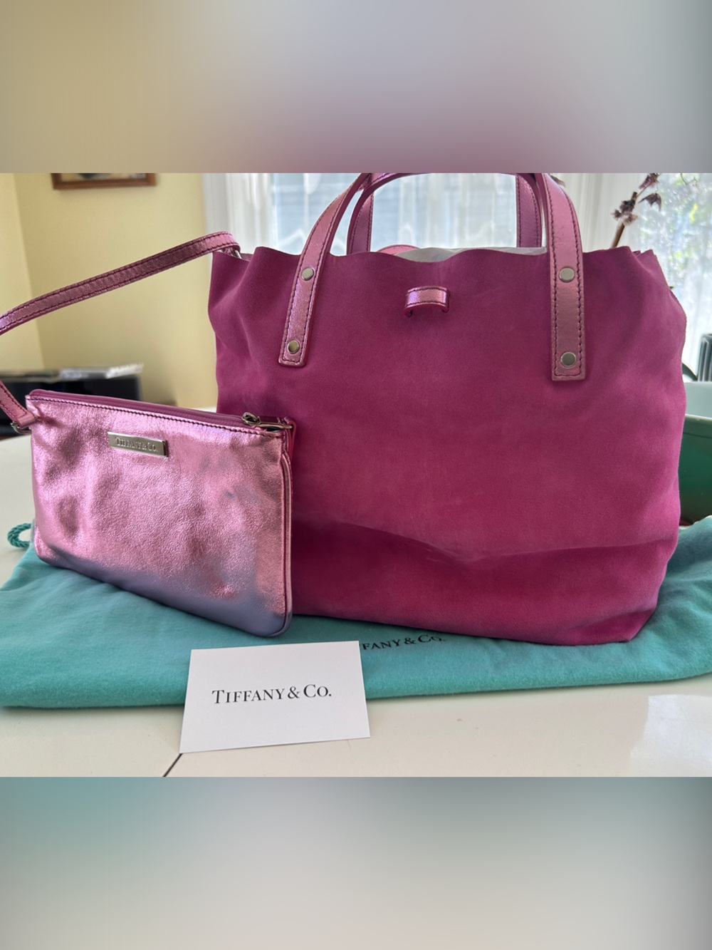 Tiffany & Co. Fuchsia Suede Tote with Metallic Pink Pouch